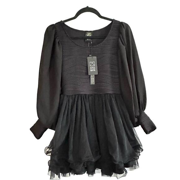 NWT STYLE MAFIA Black Textured Babydoll Dress Chiffon Gathered Puff Sleeve - S - Picture 1 of 6